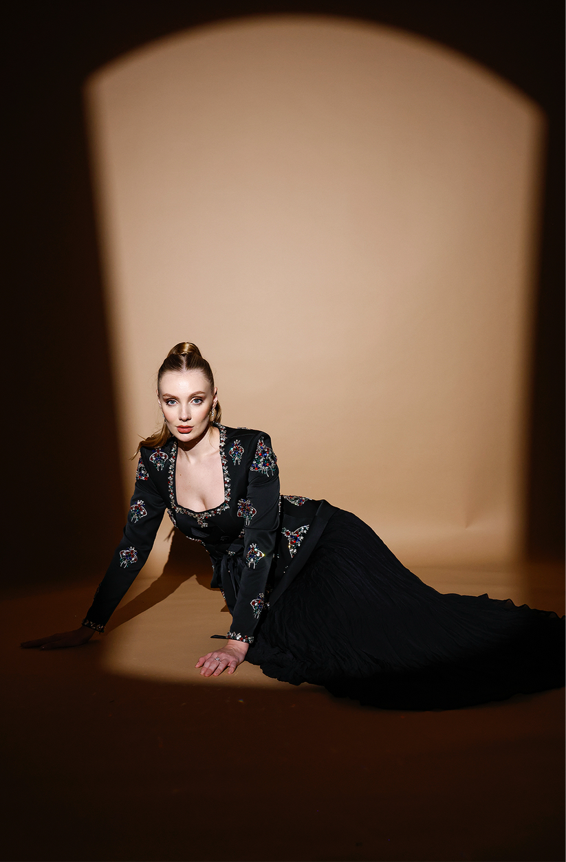 𝐀𝐃𝐌𝐈𝐑𝐀𝐋 Square Collar Stone Embroidered Crepe Jacket and Pleated Chiffon Skirt Evening Suit T56754-Suits and Sets-ATELIER PRÊT-38-Black-onlinemarkat