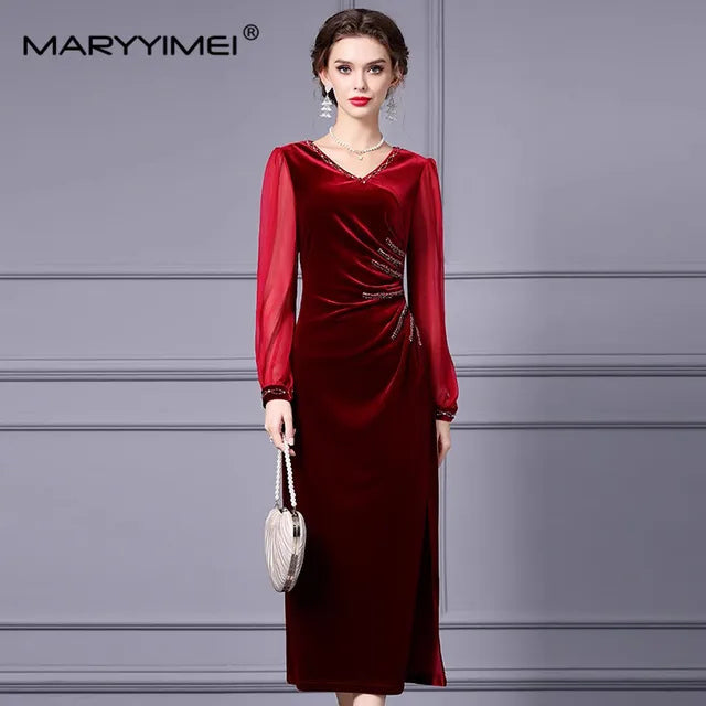 DRESS STYLE - SY1714-Midi Dress-onlinemarkat-Red-S - US 4-onlinemarkat