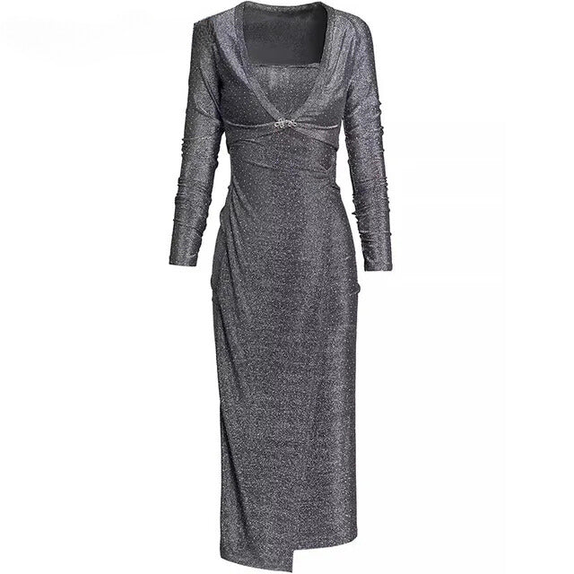 DRESS STYLE - SY1702-Midi Dress-onlinemarkat-Gray-XS - US 2-onlinemarkat