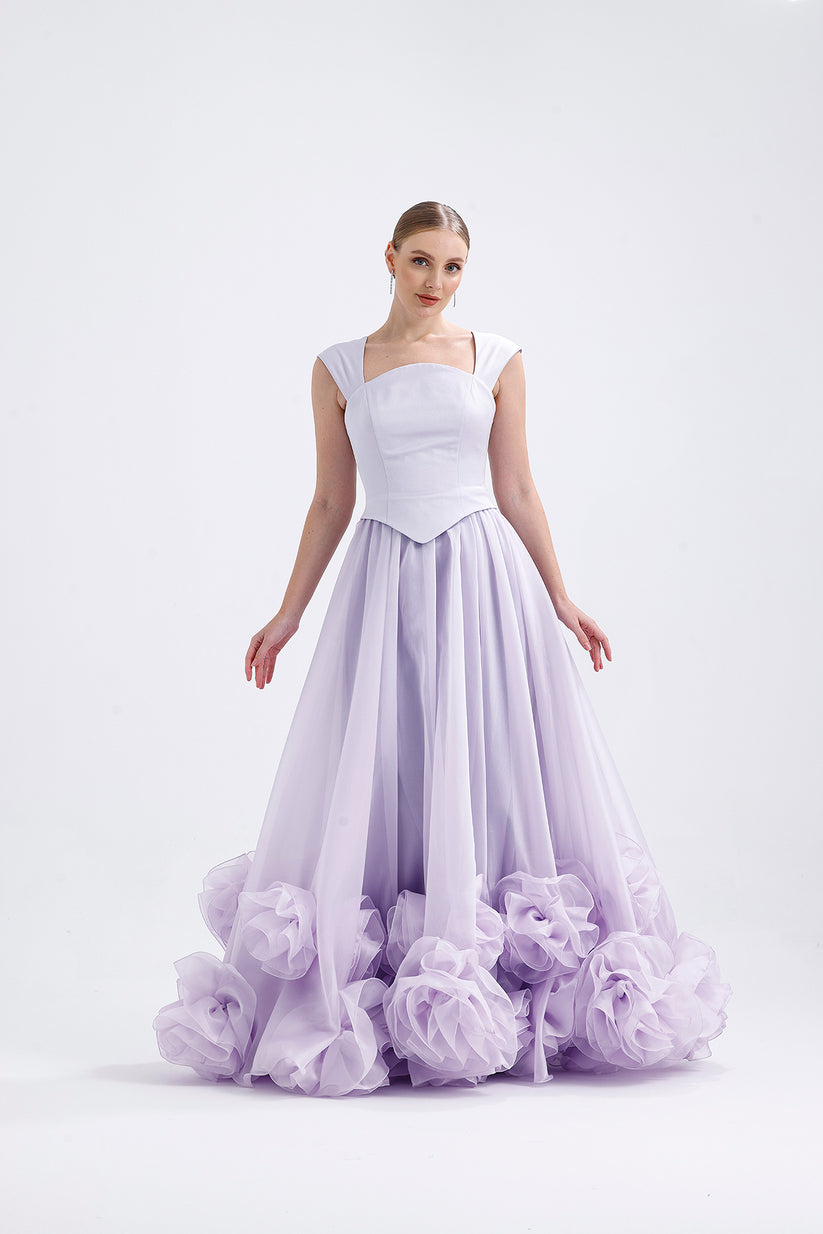 𝐀𝐅𝐋𝐎𝐑𝐀 Strappy Crepe Body Organza Flared Skirt with Flower Appliques T56755-maxi dress-ATELIER PRÊT-38-Lilac-onlinemarkat