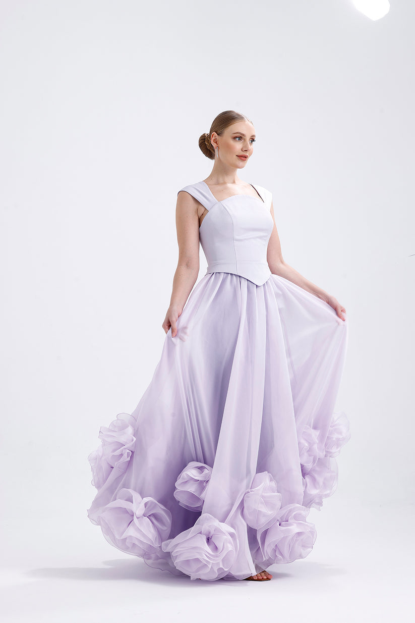 𝐀𝐅𝐋𝐎𝐑𝐀 Strappy Crepe Body Organza Flared Skirt with Flower Appliques T56755-maxi dress-ATELIER PRÊT-38-Lilac-onlinemarkat