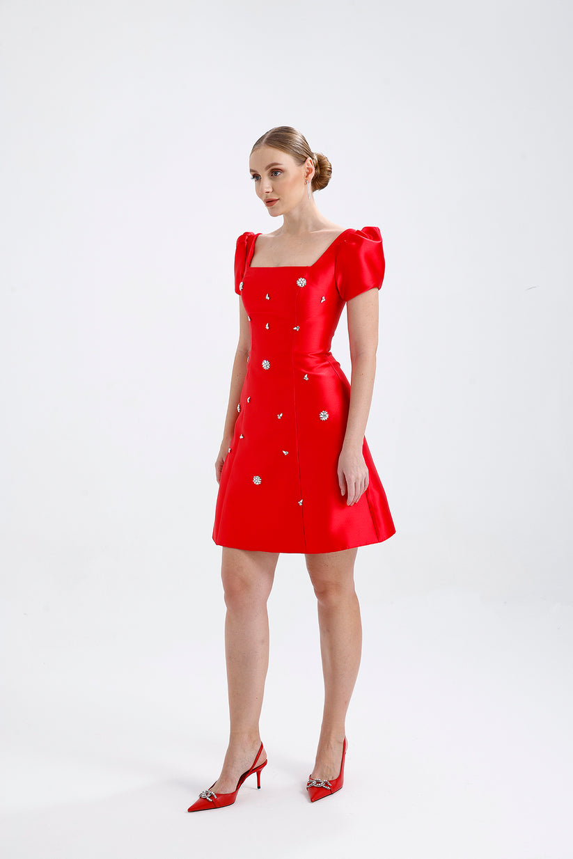 𝐌𝐀𝐘𝐀 Princess Sleeves Strappy Midi Length Stone Embroidered Party Dress T56742-short dress-ATELIER PRÊT-38-Red-onlinemarkat