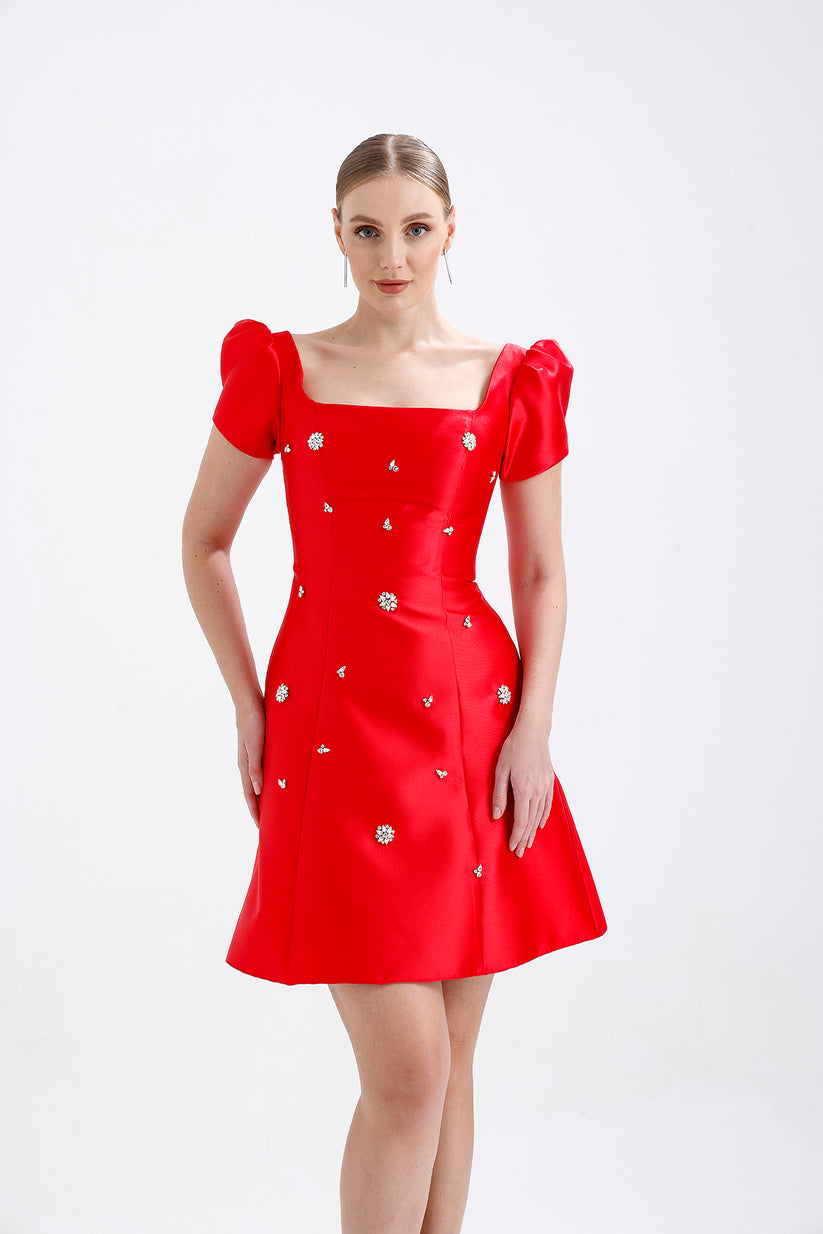 𝐌𝐀𝐘𝐀 Princess Sleeves Strappy Midi Length Stone Embroidered Party Dress T56742-short dress-ATELIER PRÊT-38-Red-onlinemarkat