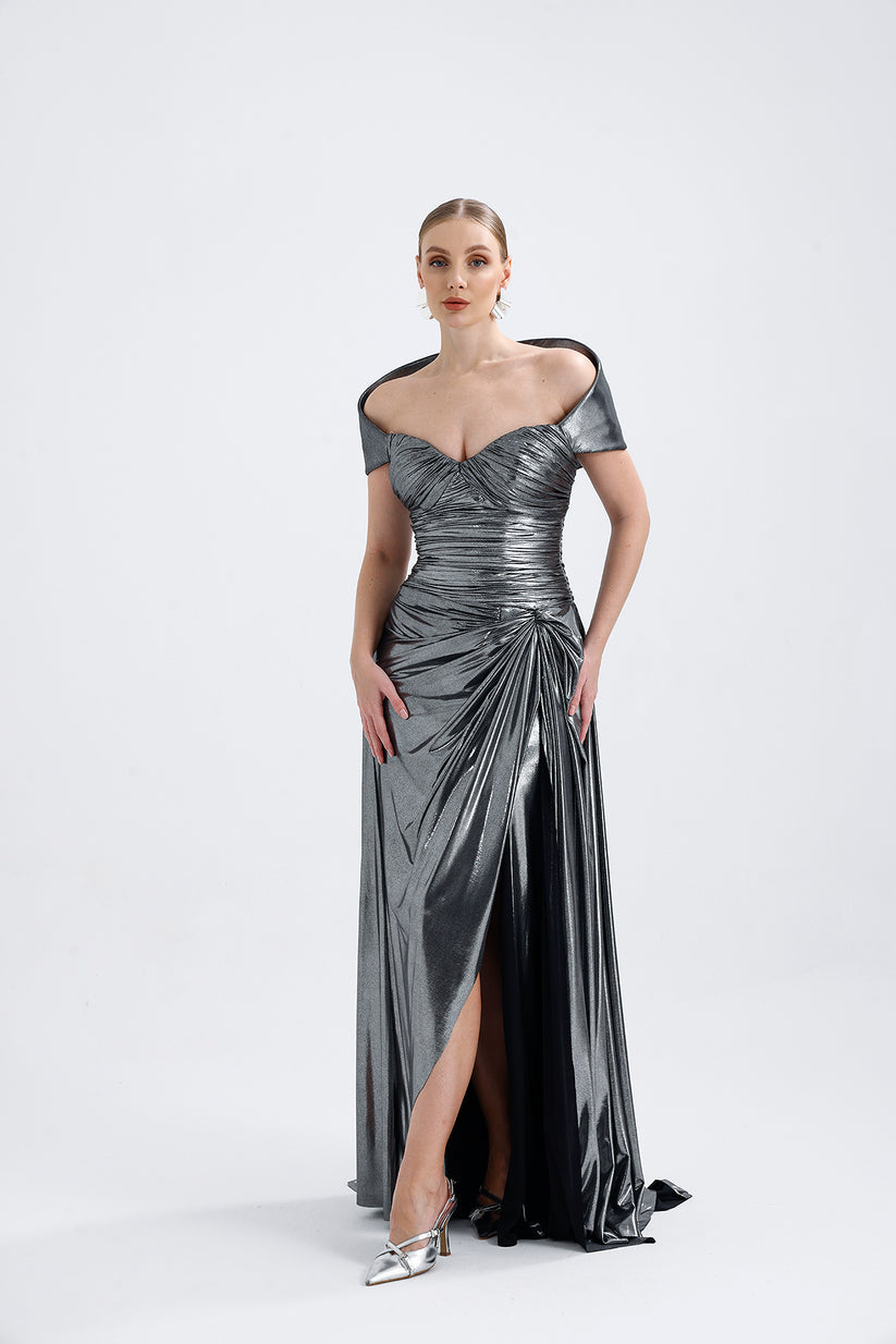 𝐏𝐋𝐀𝐓𝐈𝐍 Lycra Pleated Back Detail Slit Long Evening Dress T56752-maxi dress-ATELIER PRÊT-38-Silver-onlinemarkat