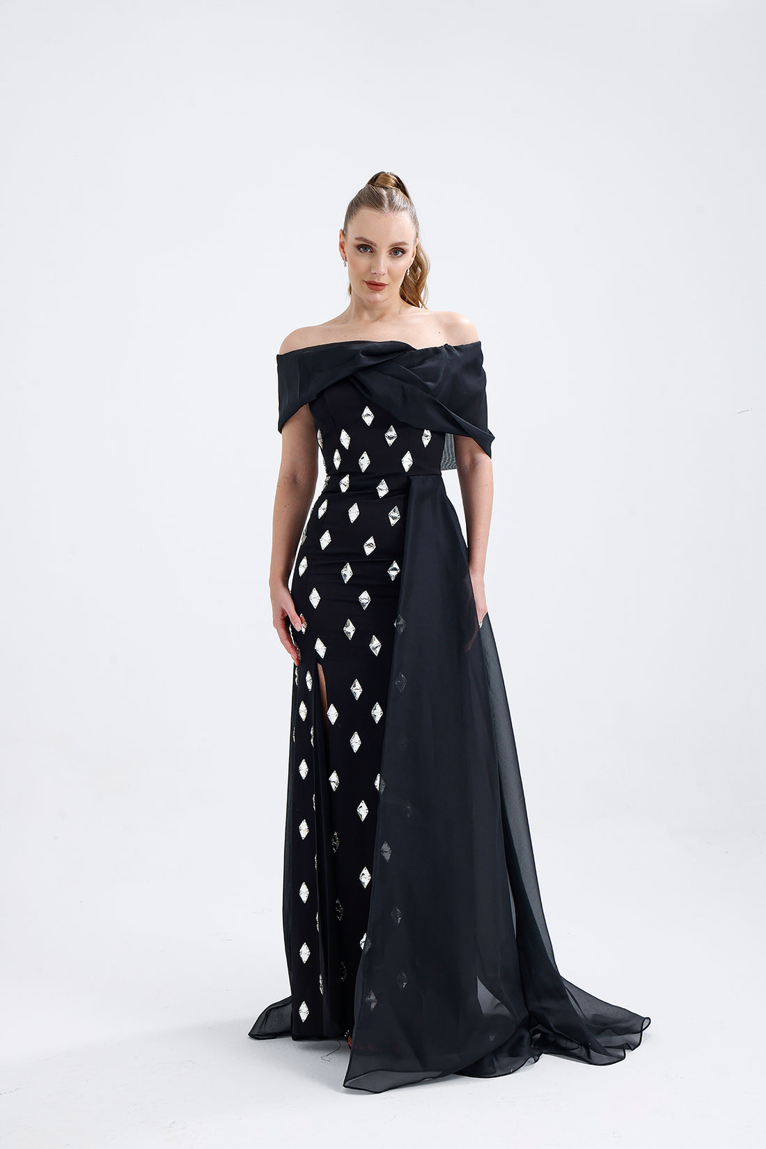 𝐒𝐇𝐄𝐋𝐁𝐘 Off Shoulder Organza Embroidered Long Evening Dress T56751-maxi dress-ATELIER PRÊT-38-Black-onlinemarkat