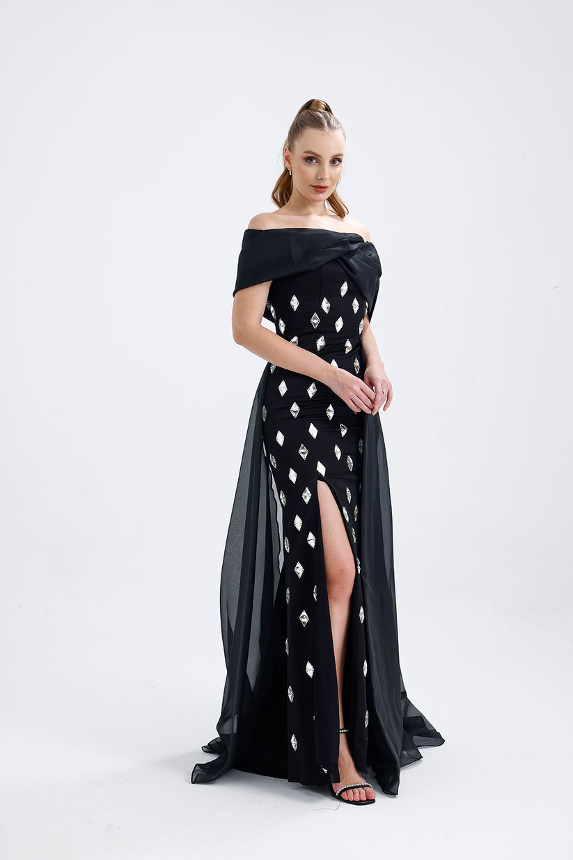 𝐒𝐇𝐄𝐋𝐁𝐘 Off Shoulder Organza Embroidered Long Evening Dress T56751-maxi dress-ATELIER PRÊT-38-Navy-onlinemarkat