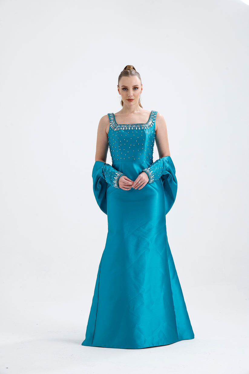 𝐂𝐋𝐀𝐑𝐀 Askılı Yaka Taş İşlemeli Seyyar Kollu Balık Kesim Abiye Elbise T56756-maxi dress-ATELIER PRÊT-38-Petrol-onlinemarkat