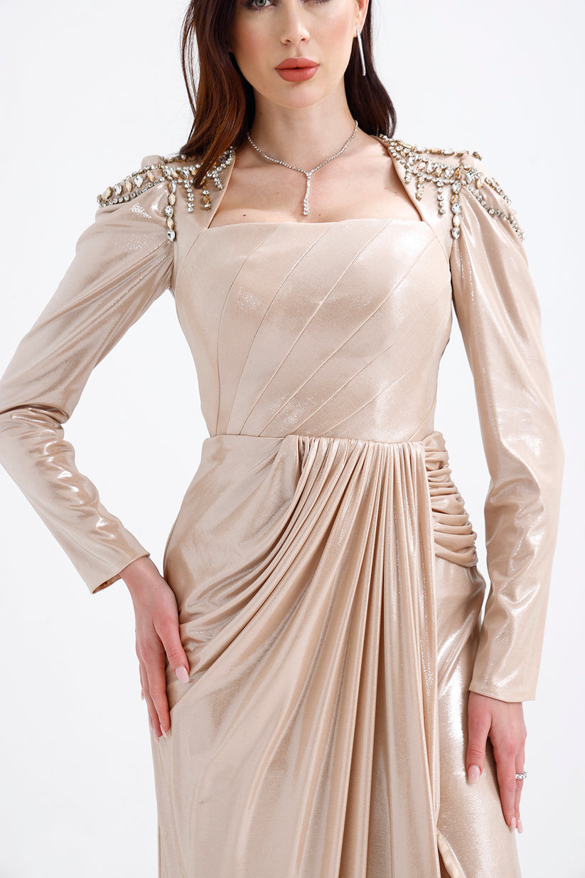 𝐆𝐎𝐋𝐃𝐈𝐄 Shoulder Embroidery Detail Draped Skirt Long Sleeve Evening Dress T56753-maxi dress-ATELIER PRÊT-38-Gold-onlinemarkat