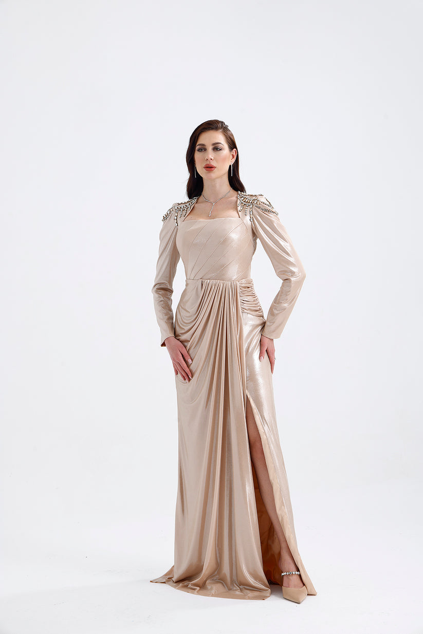 𝐆𝐎𝐋𝐃𝐈𝐄 Shoulder Embroidery Detail Draped Skirt Long Sleeve Evening Dress T56753-maxi dress-ATELIER PRÊT-38-Gold-onlinemarkat