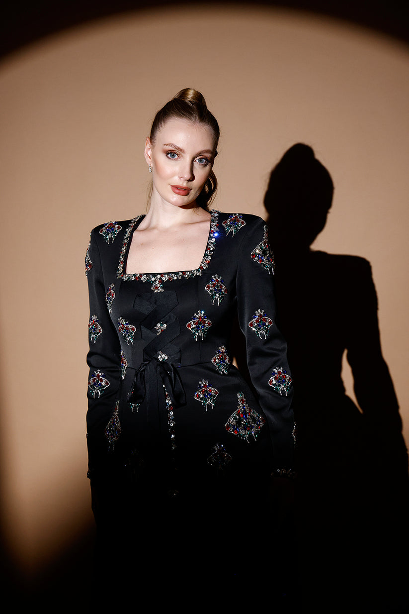 𝐀𝐃𝐌𝐈𝐑𝐀𝐋 Square Collar Stone Embroidered Crepe Jacket and Pleated Chiffon Skirt Evening Suit T56754-Suits and Sets-ATELIER PRÊT-38-Black-onlinemarkat