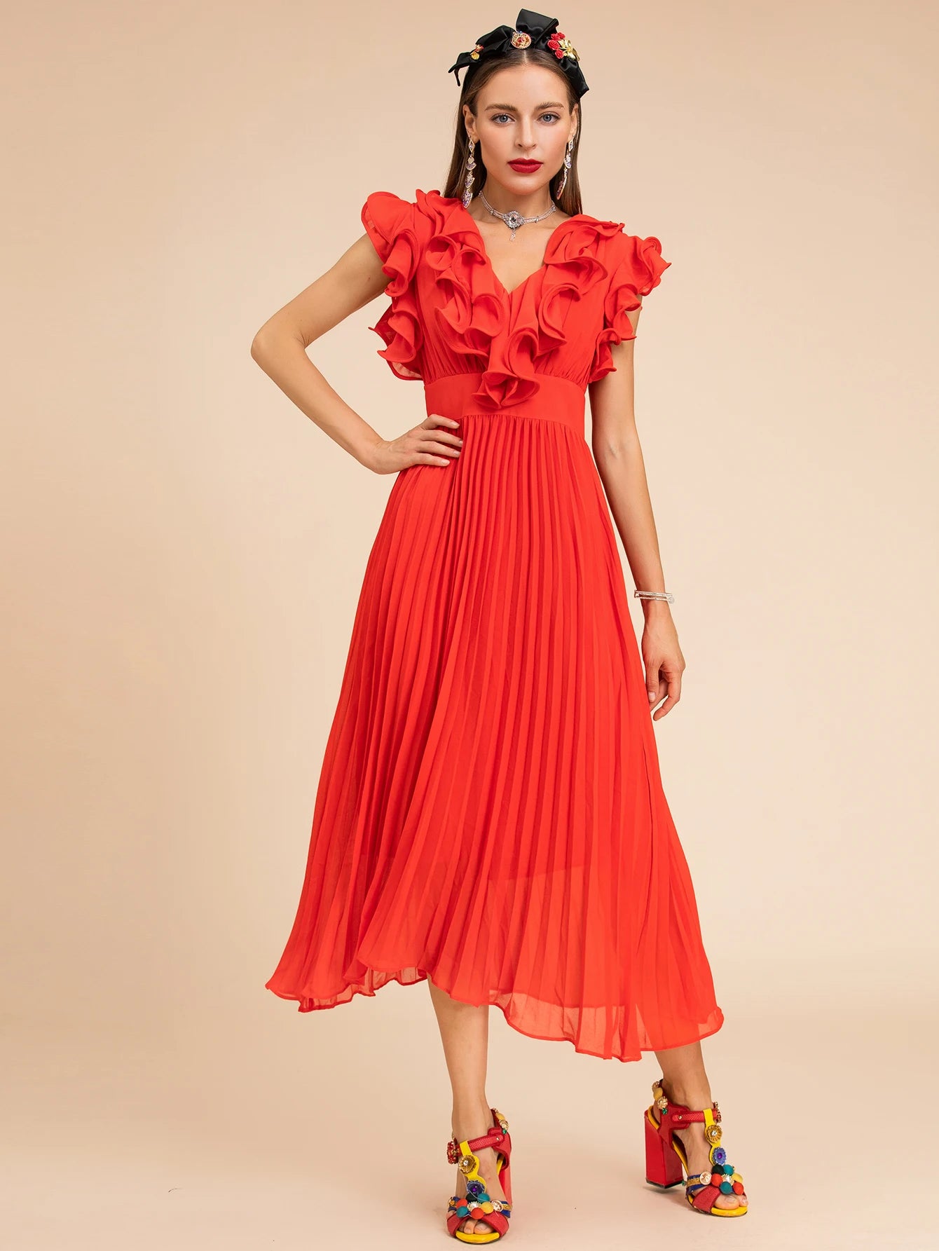 DRESS STYLE - SY1508-Midi Dress-onlinemarkat-Red-XS - US 2-onlinemarkat