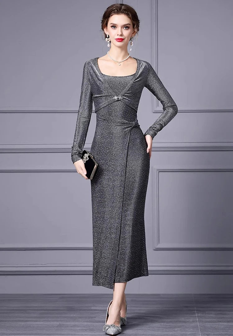 DRESS STYLE - SY1702-Midi Dress-onlinemarkat-Gray-XS - US 2-onlinemarkat