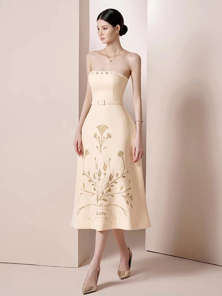 DRESS STYLE - SY1385-Midi Dress-onlinemarkat-Beige-XS - US 2-onlinemarkat