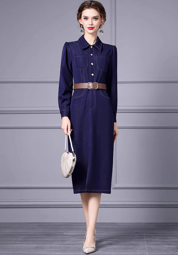 DRESS STYLE - SY1707-Midi Dress-onlinemarkat-Navy Blue-M - US 6-onlinemarkat