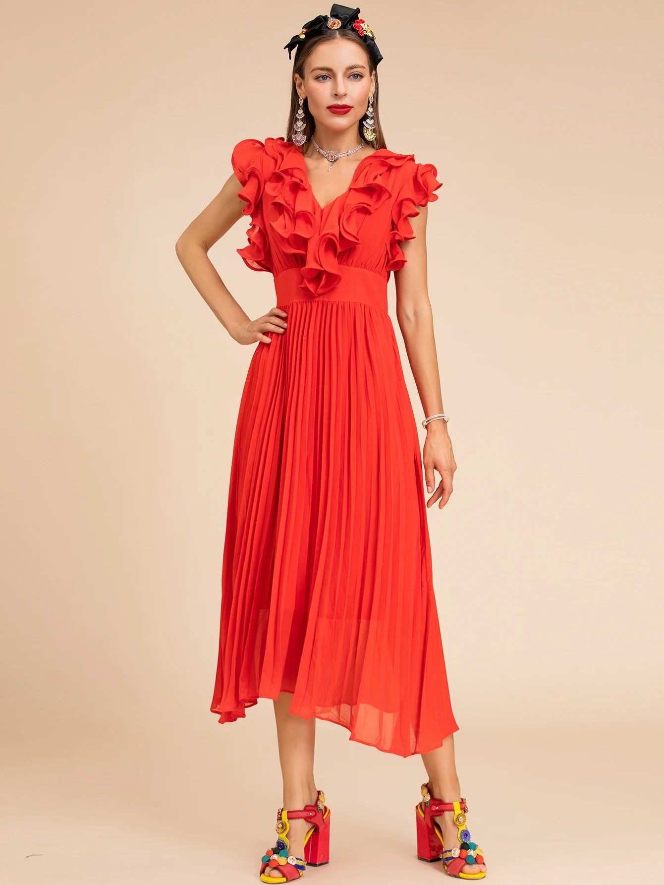 DRESS STYLE - SY1508-Midi Dress-onlinemarkat-Red-XS - US 2-onlinemarkat