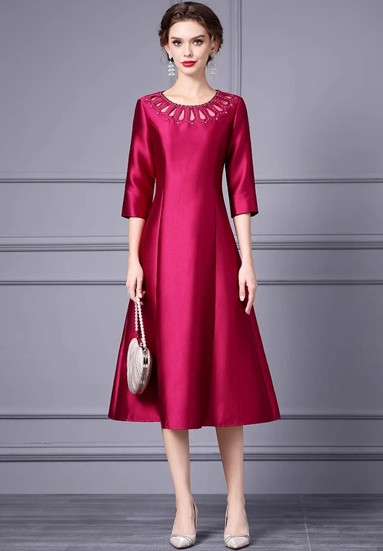 DRESS STYLE - SY1699-Midi Dress-onlinemarkat-Fuchsia-M - US 6-onlinemarkat