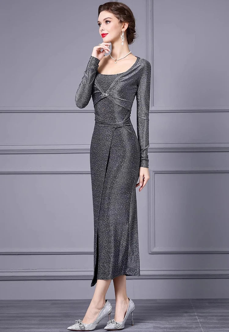 DRESS STYLE - SY1702-Midi Dress-onlinemarkat-Gray-XS - US 2-onlinemarkat