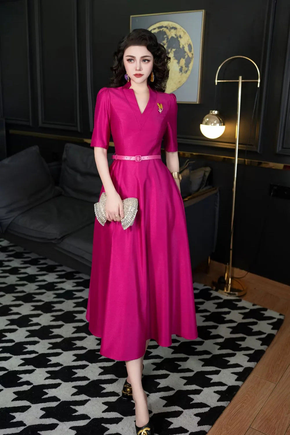 DRESS STYLE - SY1500-Midi Dress-onlinemarkat-rose red-XS - US 2-onlinemarkat