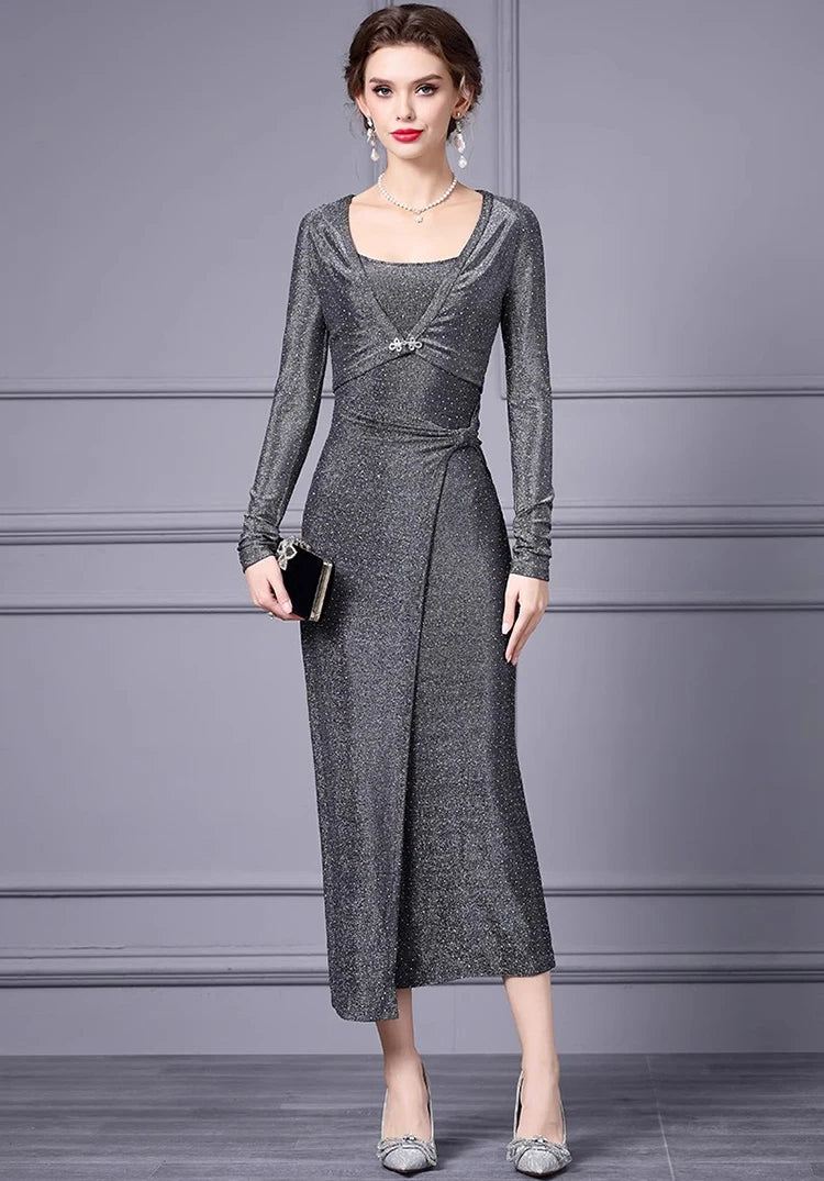 DRESS STYLE - SY1702-Midi Dress-onlinemarkat-Gray-XS - US 2-onlinemarkat