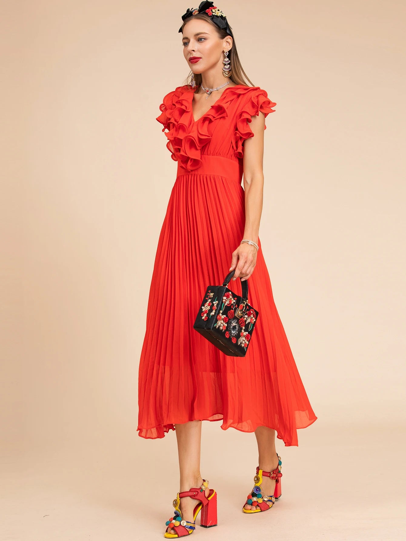 DRESS STYLE - SY1508-Midi Dress-onlinemarkat-Red-XS - US 2-onlinemarkat