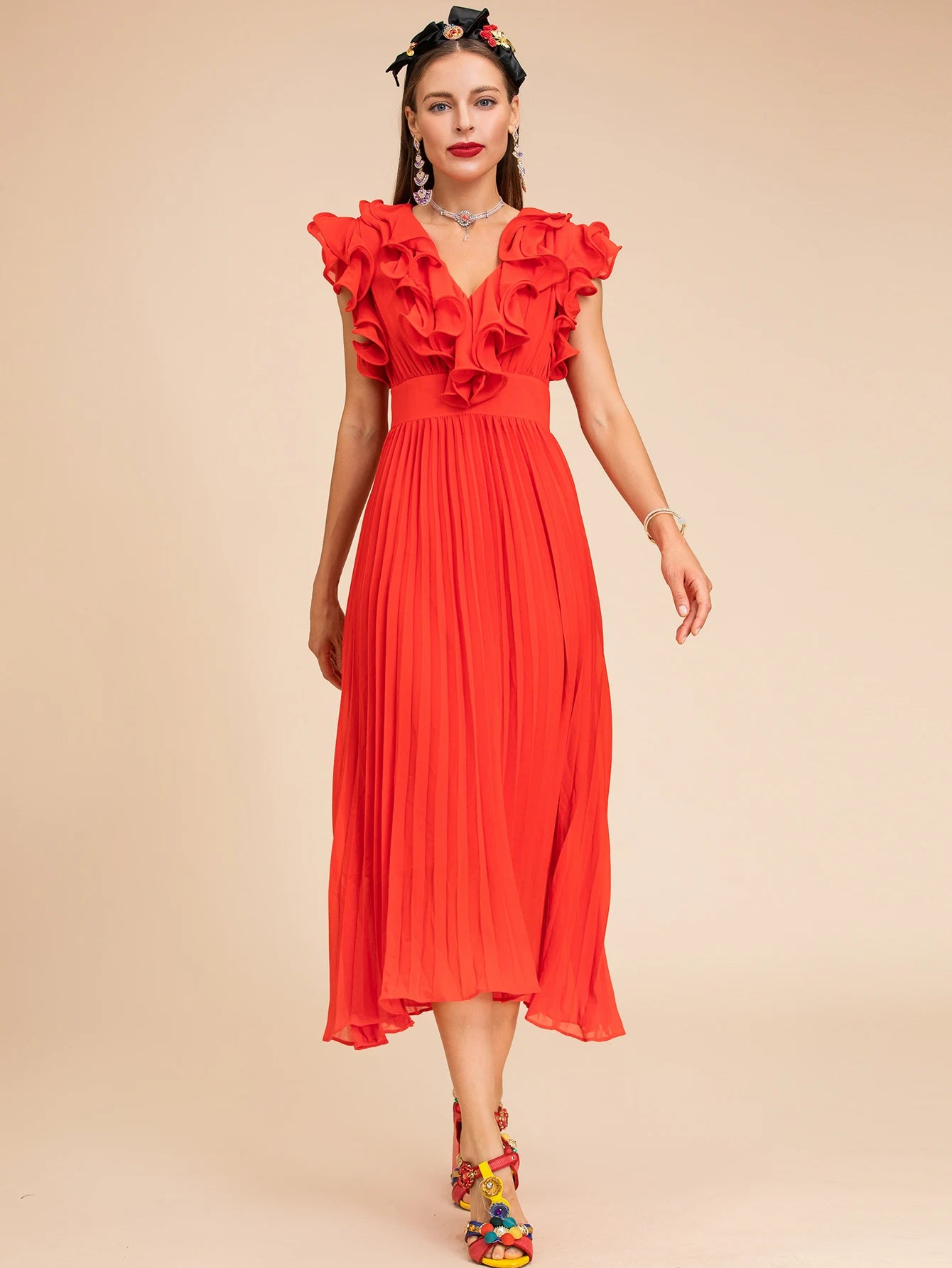 DRESS STYLE - SY1508-Midi Dress-onlinemarkat-Red-XS - US 2-onlinemarkat