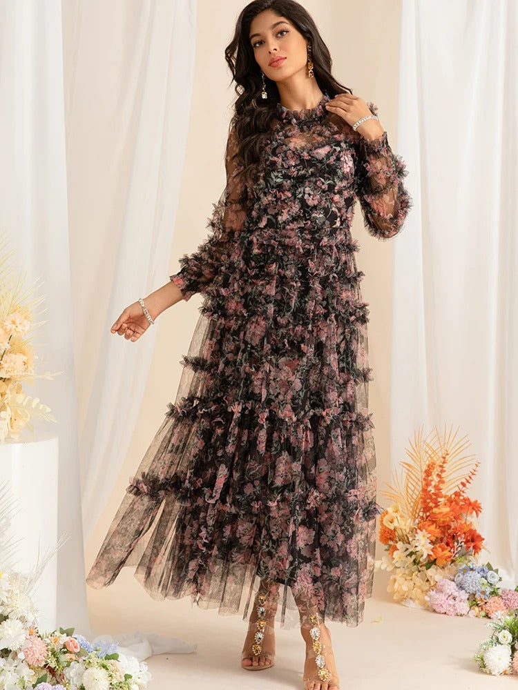 Printed Vintage mesh long Dress - WF115-maxi dress-onlinemarkat-XS - US 2-Black-onlinemarkat