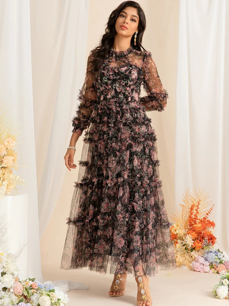 Printed Vintage mesh long Dress - WF115-maxi dress-onlinemarkat-XS - US 2-Black-onlinemarkat