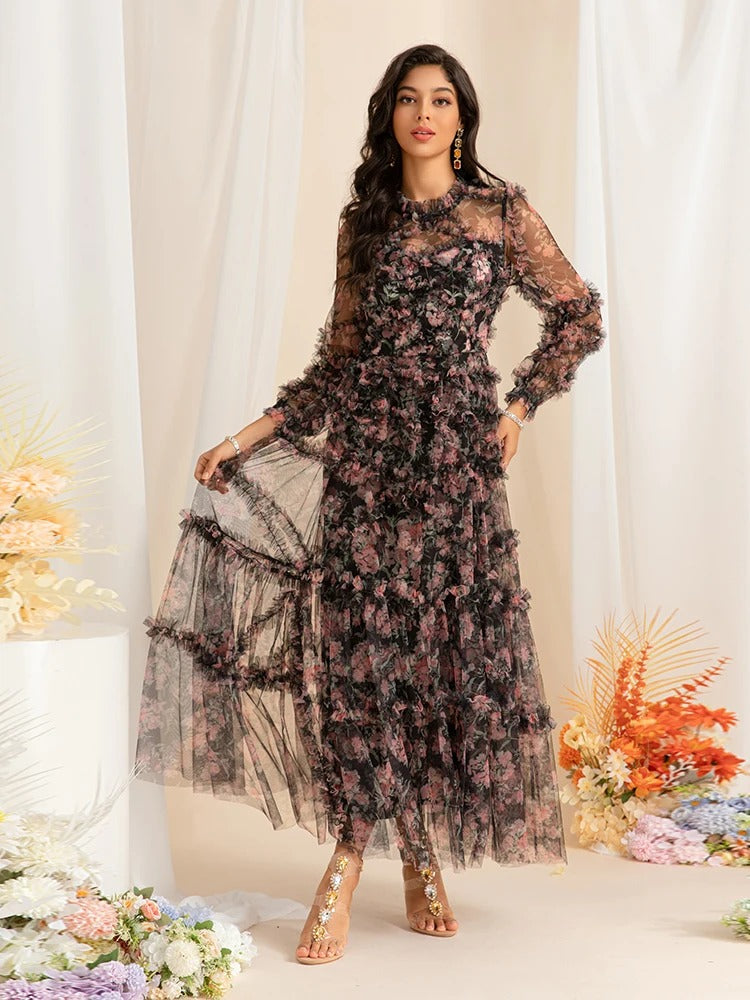 Printed Vintage mesh long Dress - WF115-maxi dress-onlinemarkat-XS - US 2-Black-onlinemarkat