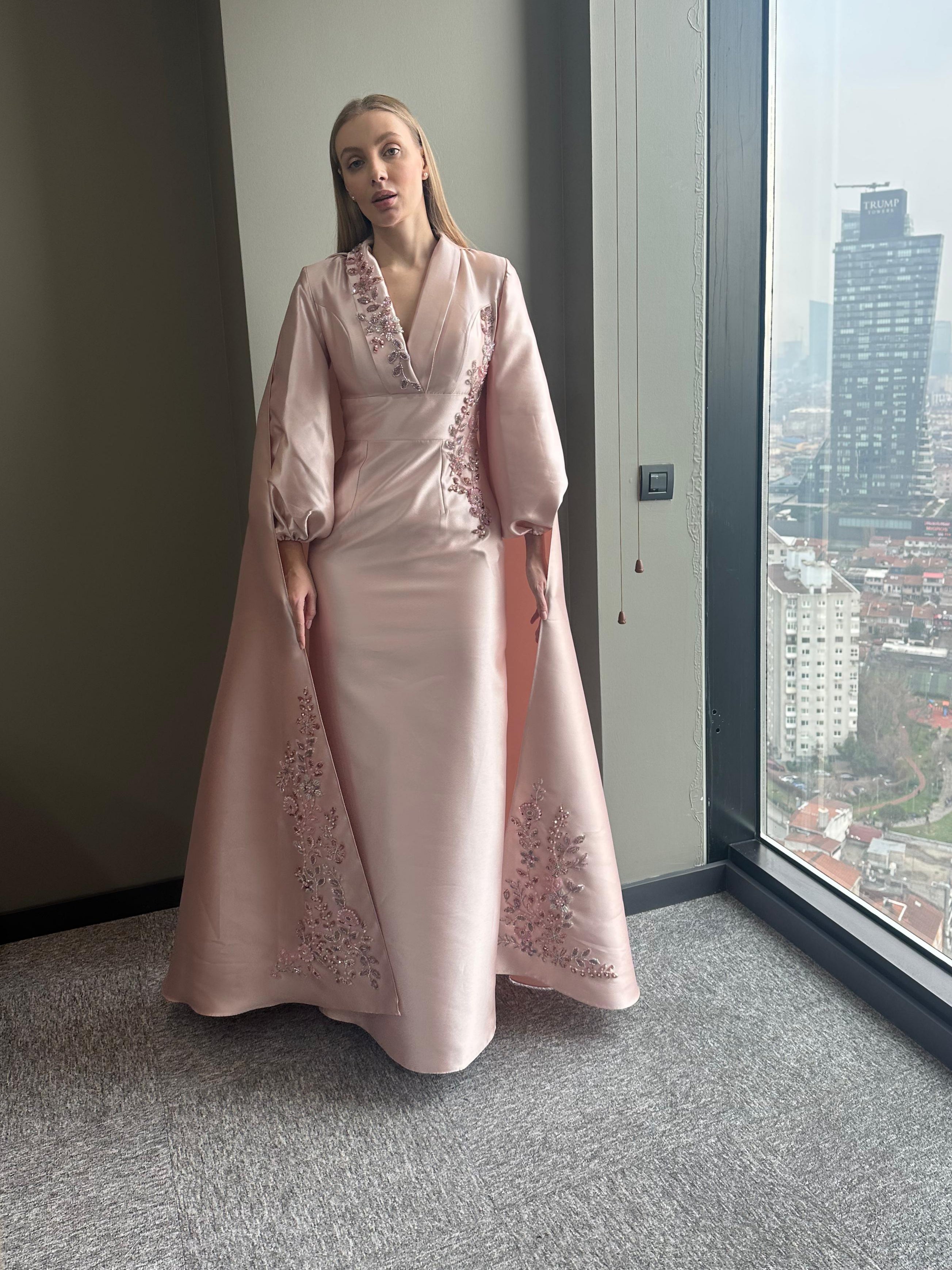 Elegant caftan with Embroidery T56733-maxi dress-ATELIER PRÊT-38-Pink-onlinemarkat